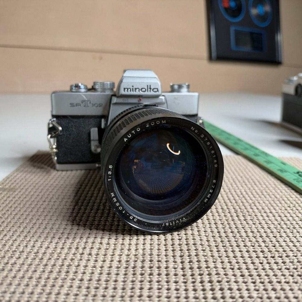 Minolta SRT 102 35mm Film SLR Camera with Vivitar 35-105mm f3.5 Zoom Lens